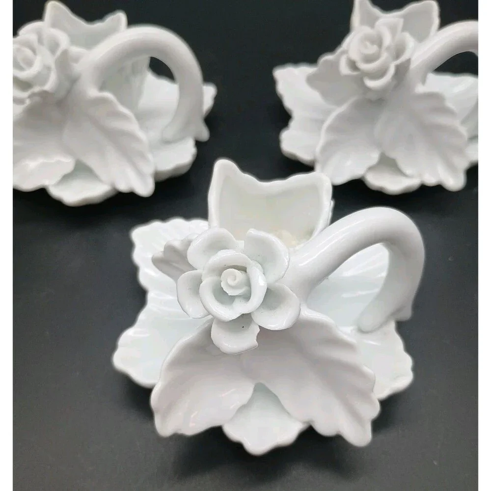 Trio Of White Rose Candle holders Handle Capodimonte Taper Delicate Damaged